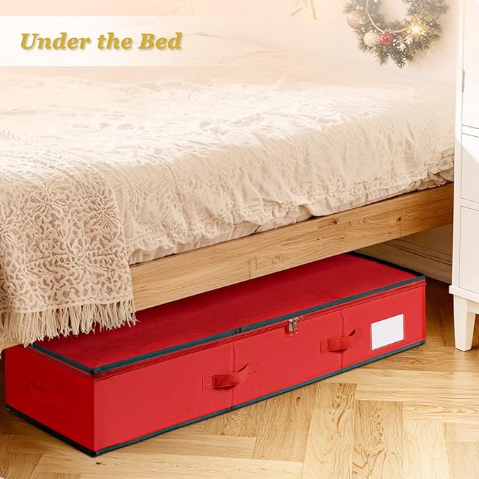 Criusia Gift Wrapping Paper Organizer Storage, Durable Underbed Storage Container Fits 24 Rolls, with Removable Dividers and Pockets for Ribbon, Ornaments, Holiday Accessories, Red