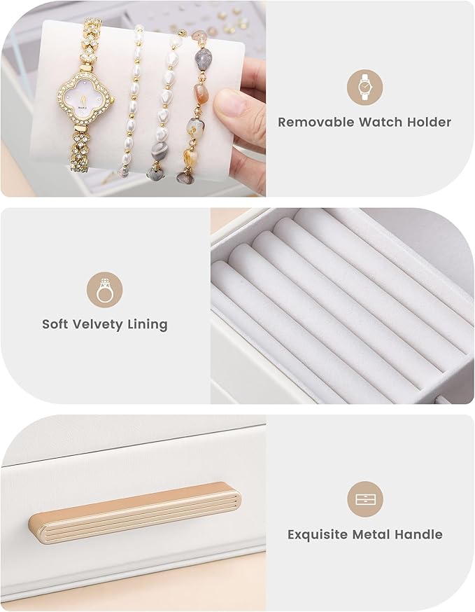 Lolalet 2-Layer Jewelry Boxes Organizer for Women Girls, Jewelry Storage Case Holder with Drawers for Necklaces Rings Earrings Bracelets Watches, Gifts Choice for Girlfriend Wife -Beige