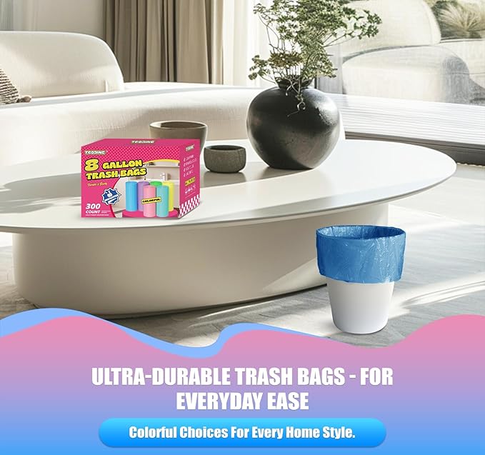 T.FORING 300 Count 8 Gallon Trash Bags - Heavy Duty Medium Garbage Bags 30 Liter Unscented 0.94 Mil Thick & Leakproof Wastebasket Liners for Kitchen Bathroom Home