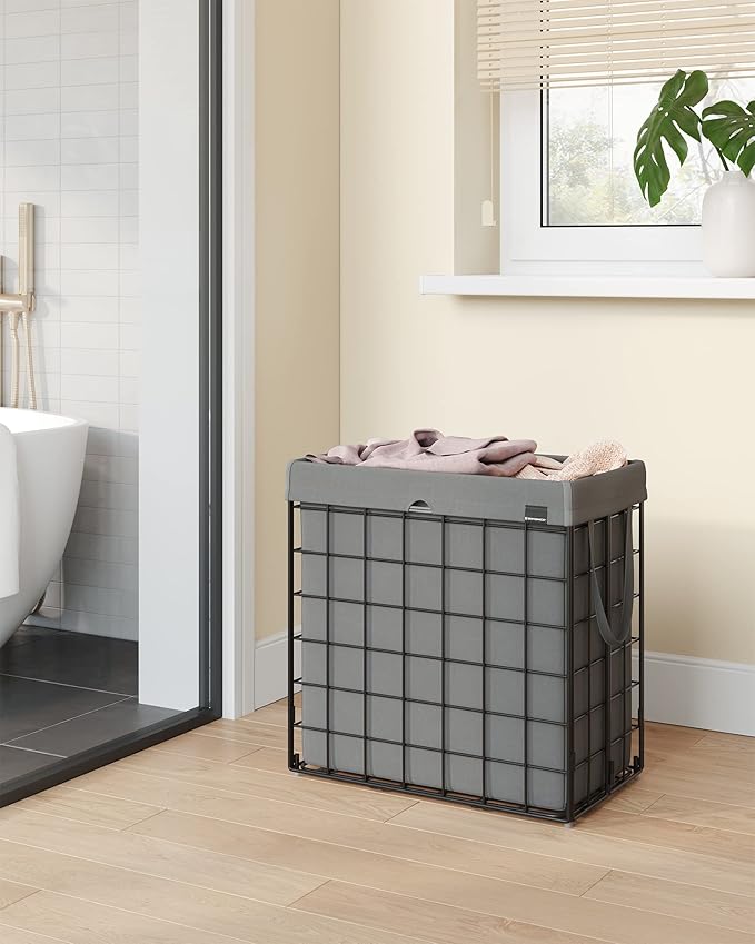 SONGMICS 29 Gal. (110L) Laundry Basket, Laundry Hamper, Collapsible Clothes Hamper, Removable and Washable Liner, Metal Wire Frame, for Bedroom Bathroom, Black and Gray ULCB111G01