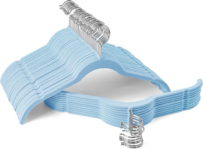 Sishynio Velvet Hangers 50 Pack – Slim Non-Slip Flocked Clothes Hangers with Notches, Space-Saving Durable Hangers for Dresses, Coats, Blouses(Blue)