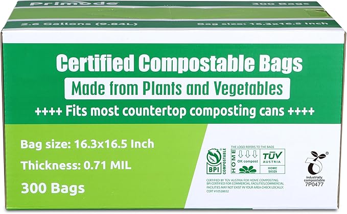 Compost Bags, Compostable Trash Bags 2.6 Gallon Compostable Bags Small 300 Count Compost Bags for Countertop bin Extra Thick 0.71 Mil. ASTM D6400 Certified By BPI and TÜV AUSTRIA 2.6 Gallon, 300 Units