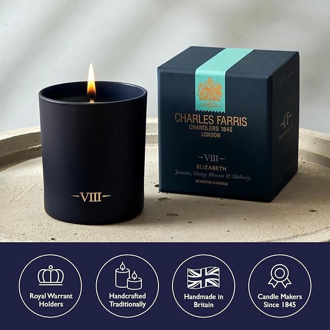 Charles Farris Luxury Scented Candle – 1 Wick, Hand-Poured, Long Lasting, Clean Burning, 210g / 7.5oz, Burns for up to 50 Hours, Made in England – Orange Blossom, Jasmine & Green Mulberry – Elizabeth