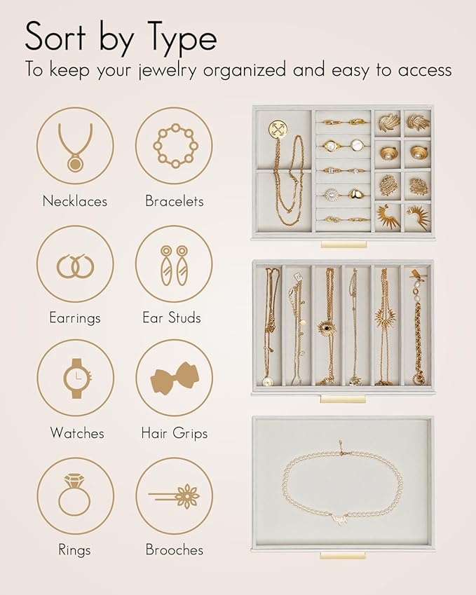 Vlando Jewelry Box for Women Girls,Jewelry Organzier,3 Drawers,Glass Lid Jewelry Organizer Storage for Gem Diamond Necklaces Rings Earrings Bracelets White