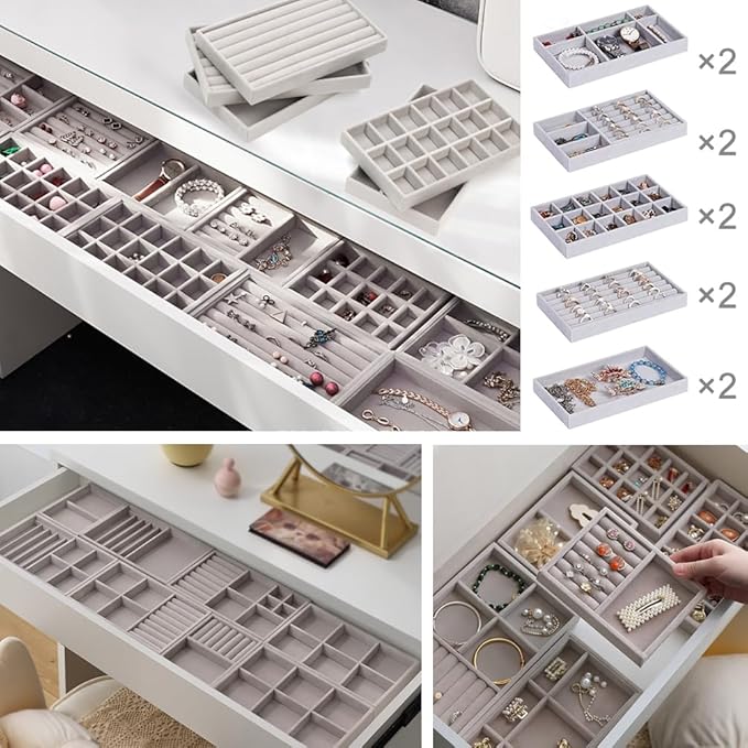 10 Pack Jewelry Organizer Tray Drawer Inserts Stackable Velvet Liner Dividers Customizable Jewellery Box Foam Ring Earring Holder Necklace Bracelet Storage Display Dish Flat in Dresser Vanity