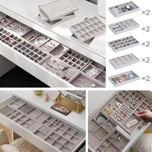 10 Pack Jewelry Organizer Tray Drawer Inserts Stackable Velvet Liner Dividers Customizable Jewellery Box Foam Ring Earring Holder Necklace Bracelet Storage Display Dish Flat in Dresser Vanity