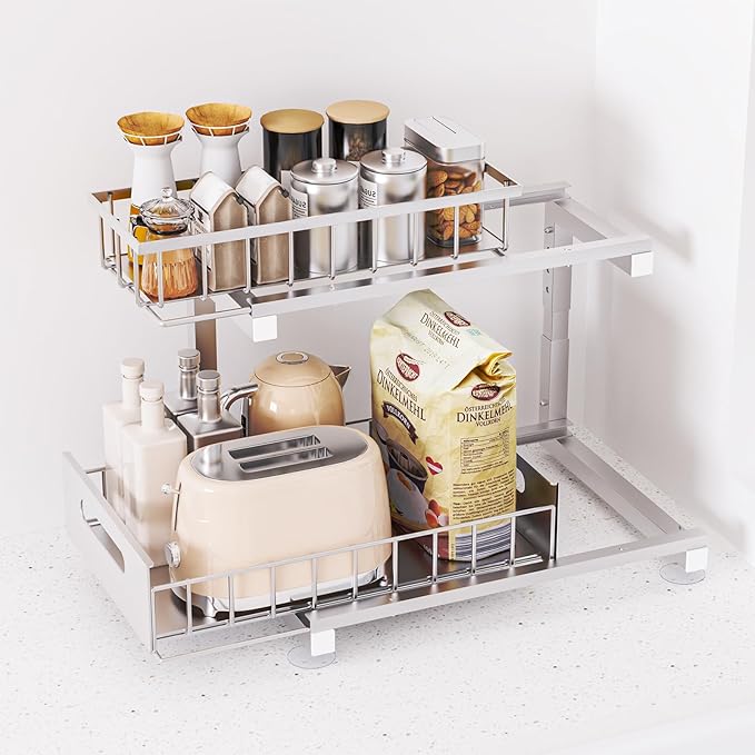 Toyear Under Sink Organizer, Heavy Duty Metal Pull Out Cabinet Organizer Slide Out Sink Shelf Organizer Height Adjustable, Multi-Purpose Storage Shelf for Kitchen Bathroom(Sliver,2Pack)