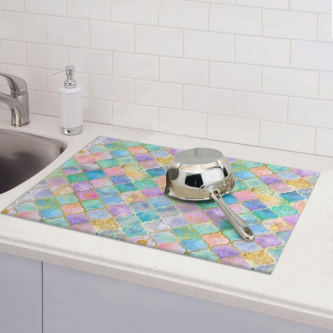 Absorbent Dish Drying Mat For Kitchen Counter, Rainbow Morocco Microfiber Dish Drying Pad 18x24 Inch, Kitchen Gadgets For Easy Clean Multi-Use