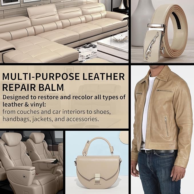 Leather Recoloring Balm and Leather Repair Kit for Furniture, Beige Leather Dye for Couches, Car Seats, Leather Paint & Stain for Sofa, Chairs, Bags, and More