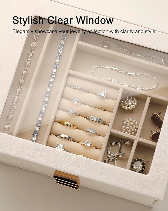 Jewelry Box with Glass Lid, 3-Layer Jewelry Organizer for Women Girls, PU Leather Display Case with 20-Grid Earring Tray & Movable Dividers for Necklaces Rings - Cloud White