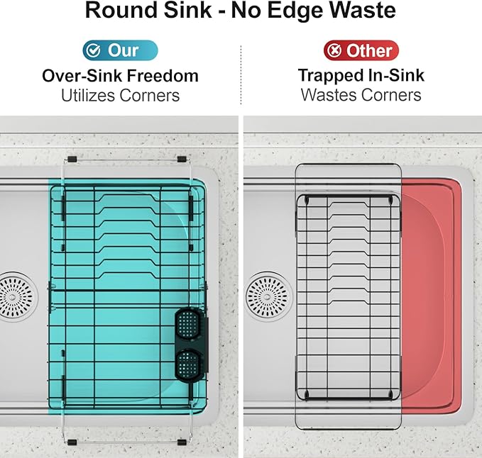 iSPECLE Expandable Dish Drying Rack for Kitchen Sink - Rust Resistant Adjustable Over The Sink Dish Drainer with Non Slip Rubber, 11.8" W x 12.8"-25.2" L, Black
