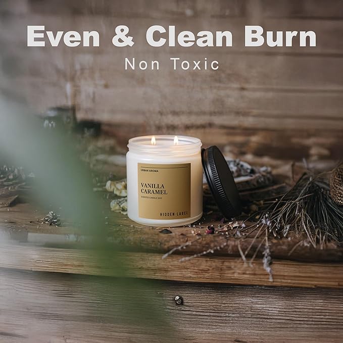 Hidden Label Vanilla Caramel Scented Candle, 12oz 2 Wick Non Toxic Candles for Home Scented, Natural Soy Wax Clean Burning Aromatherapy Candle, 70H Long Lasting for Gifts Stress Relief & Relaxation