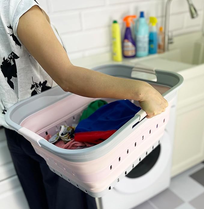 SAMMART 42 (11 Gallons) Collapsible Plastic Laundry Basket, Foldable Pop Up Storage Container/Organizer, Space Saving Hamper, Portable Bin for Dorm Room Bathroom (2, Grey/Pink)