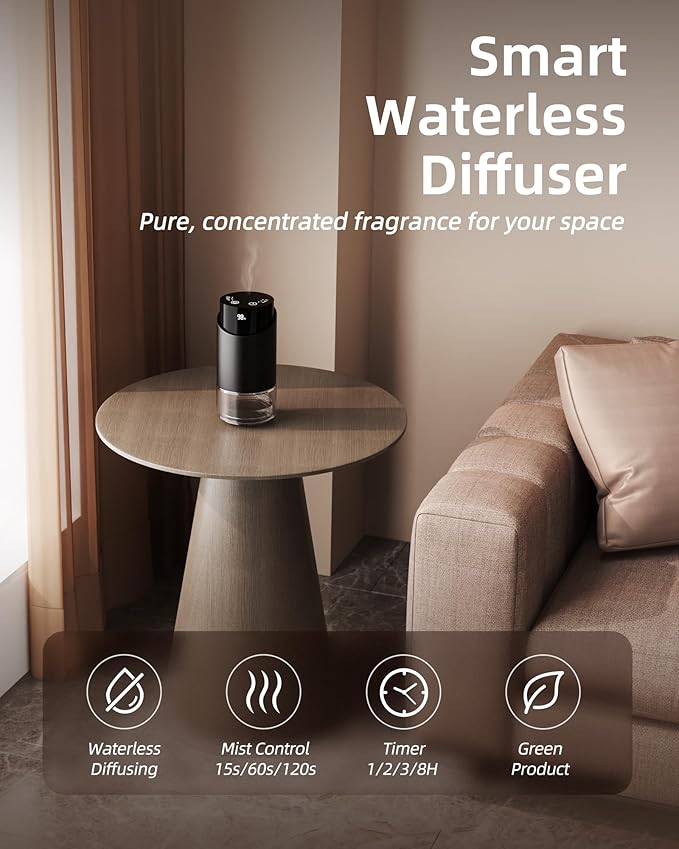 Waterless Essential Oil Diffuser Aromatherapy Scent Diffusers for Home Large Room, Bedroom, Car, Office, Battery Operated Mini Portable Air Freshener, 3 Countdown Timers & 3 Mist Levels