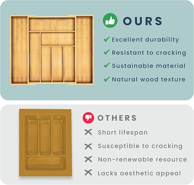 Sben Expandable Drawer Organizer for Utensils Holder, Adjustable Cutlery Tray, 6-8 Slots, Premium Wood Drawer Dividers Organizer for Silverware, Flatware, Knives for Kitchen (Bamboo)