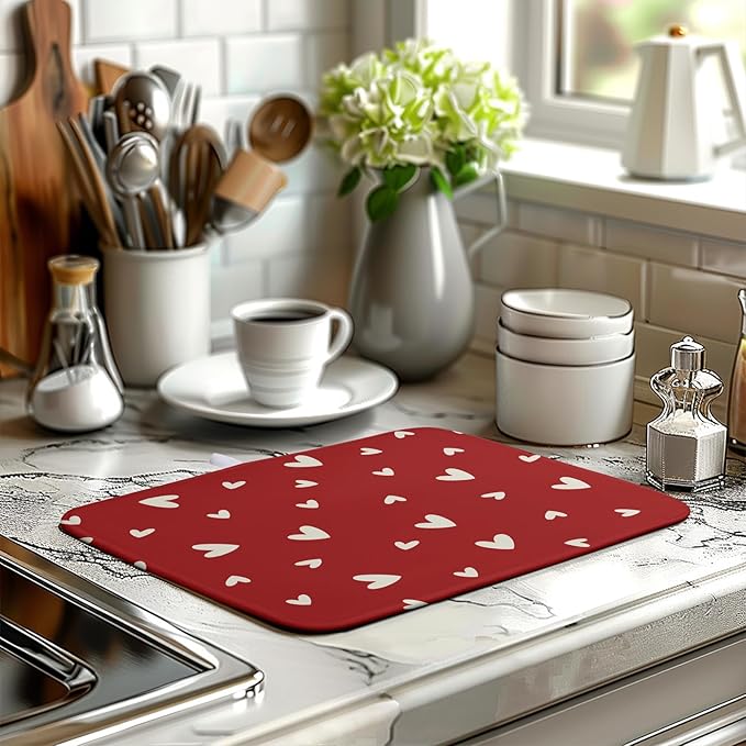 Wnoesat Valentine's Day Love Heart Dish Drying Mat for Kitchen Counter 16x18 Inch Valentine Theme Dish Mats Absorbent Microfiber Dish Draining Mat Reusable Washable Dish Drainer Rack Pad