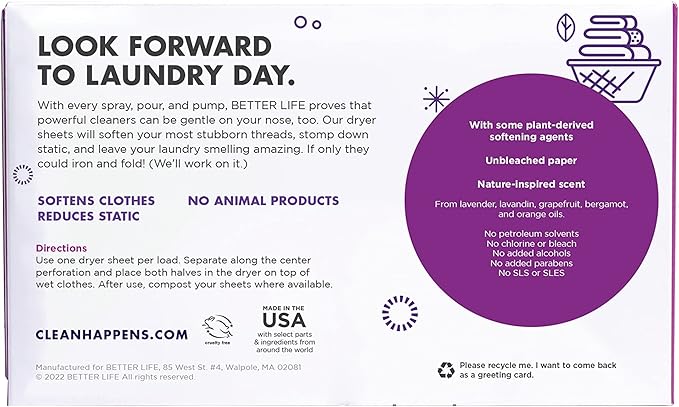 Better Life Natural Dryer Sheets, Unscented, 80 Count