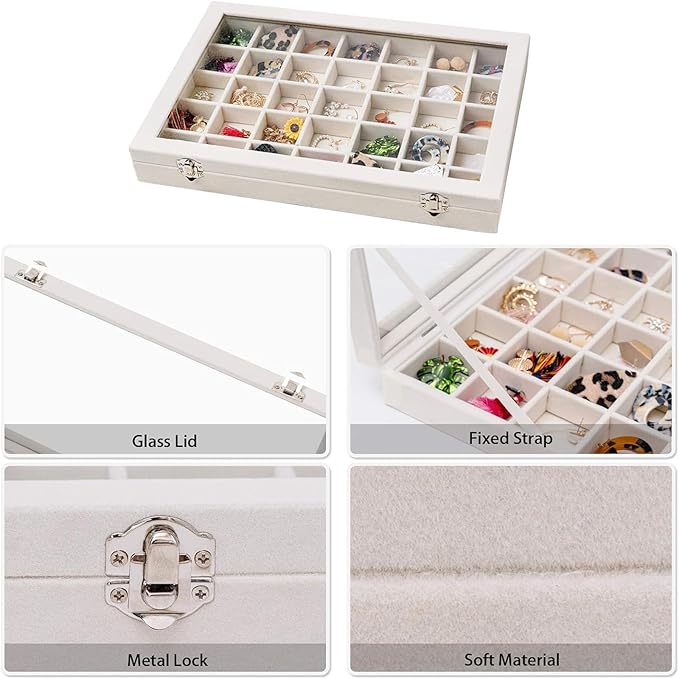 Mebbay 35 Grid Earring Organizer Velvet Jewelry Tray Organizer Felt Jewelry Box Tray Holder with Clear Lid for Drawer, Earring Necklace Bracelet Ring Healing Stones Storage (Creamy White)