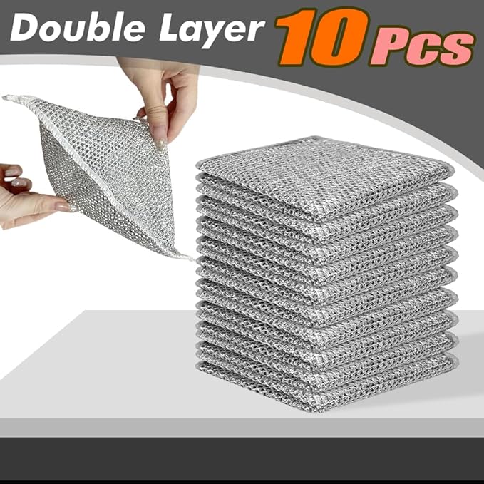 BD Prime Ventures Wire Cleaning Cloths, 10-Pack Multipurpose Dishwashing Rags, Reusable Kitchen Scrubber, Effective Dishcloth Rag for Cookware (Silver)