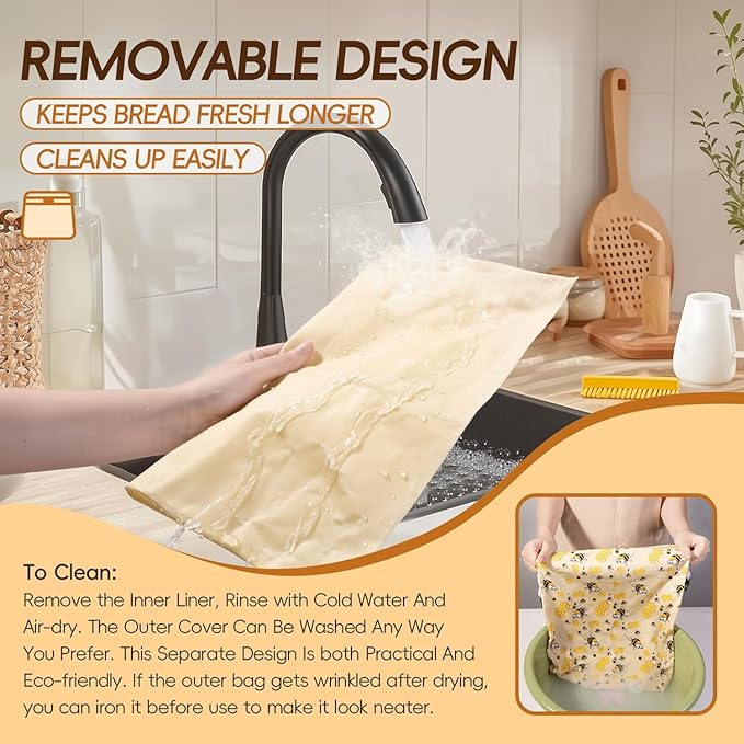 Zackoo Beeswax Bread Bags for Homemade Bread (2 Pack), Sourdough Bread Bag with Removable Beeswax Lining for Keeping Fresh, Reusable Food Storage Bag