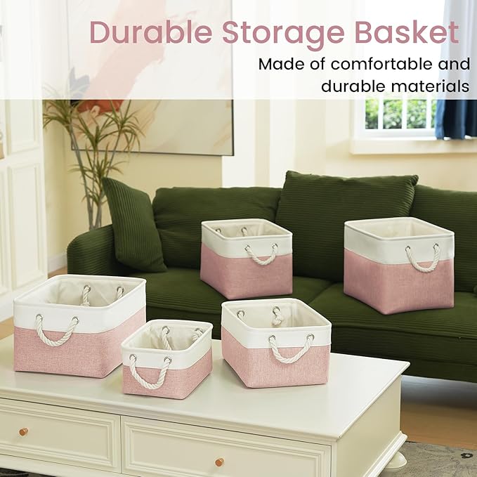 Storage Baskets for Shelves 11.8x7.9x5.2 Inch, Foldable Fabric Storage Bins with Handles, Small Storage Baskets for Organizing Closet, Office, Home Organization (1-Pack, White&Pink)