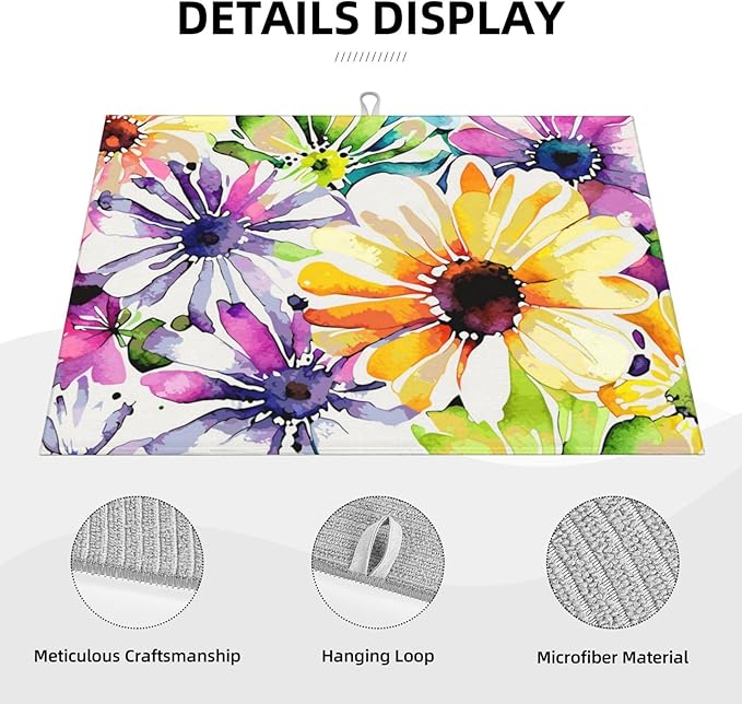 Absorbent Dish Drying Mat For Kitchen Counter, Colorful Flowers Microfiber Dish Drying Pad, Kitchen Gadgets For Easy Clean Multi-Use