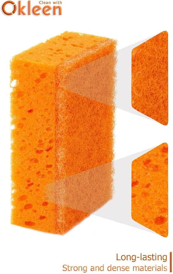 Okleen Orange Multi Use Scrub Sponge. Made in Europe. 9 Pack, 4.3x2.8x1.4 inches. Odorless Heavy Duty and Non Scratch Fiber. Durable and Delicate Scrubber for Dirty Surfaces in Kitchen, Home, Outdoors