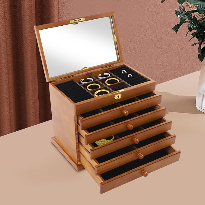 6-layer Jewelry Box Organizer with Lock and Mirror, Wooden Jewelry Boxes & Organizers,Jewelry Storage for Rings Earrings Necklaces Bracelets Christmas New Year Gifts