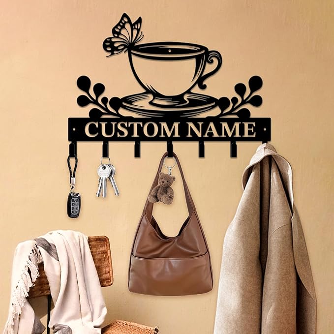 Personalized Custom Name Coffee Bar Wall Keys Hooks,Metal Coffee Shop Art Clothes Hooks,Metal Coffee Lover Wall Home Storage Decorative,For Front Door, Hallway, Kitchen, Bedroom,Keys,Hats (Style B)