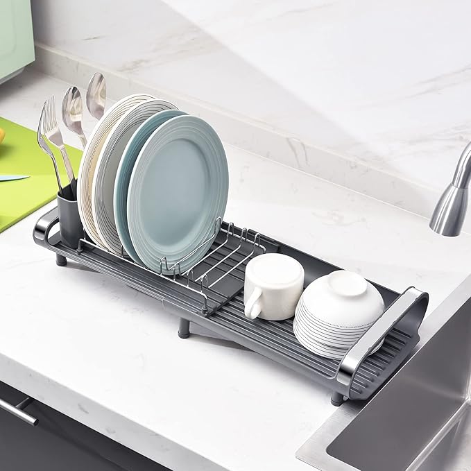 TOOLF Small Dish Drying Rack, Mini Expandable Compact Dish Rack, Slim Extendable Stainless Steel Dish Drainer for Kitchen Plate Storage, Space Saving Dish Strainer in Sink or on Home Countertop, Gray