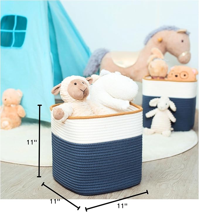 MINTWOOD Design 3-Pack 11x11 Inch Cube Storage Bin, Woven Storage Cube Organizer, Closet Organizer, Cute Square Storage Bins, Decorative Classroom Bathroom Pantry and Shelf Baskets, Prussian Blue