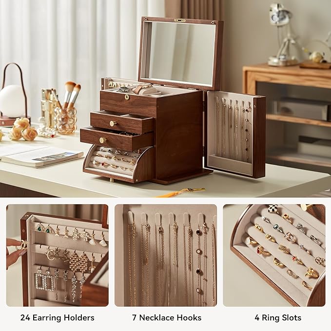 CHOSIN Black Walnut Wooden Jewelry Box, 4-Layer Lockable Organizer with Mirror, Rotatable Ring Holder,Side Doors & Brass Handle, Classical Design for Rings, Necklaces, Earrings, Valentine's Day Gifts