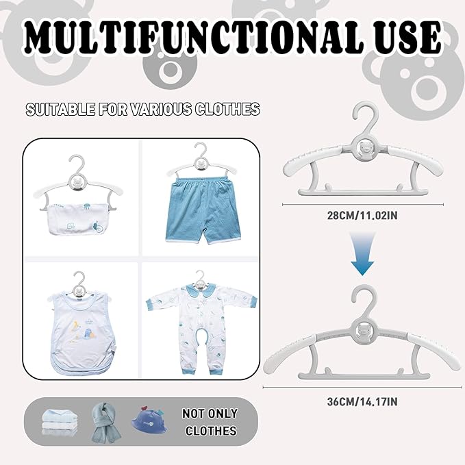 HGYZE Kid Hangers for Closet 50pcs, Grey Infant Clothes Hanger 11-14" Adjustable Plastic Baby Coat Perchas with Bear Hook, Non-Slip Children Outfit Hangars for Girl Boy Toddler Newborn Teen Clothing