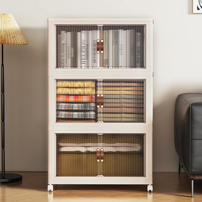SAILUN 381Qt Extra Large Stackable Storage Bins Folding Collapsible Storage Bins with Lid, Closet Organizers and Storage Box with Door Beige 28" W x 17" D x 46" H