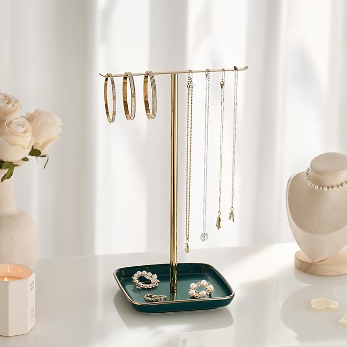 pickpiff Jewelry Holder Stand with Ceramic Base: 12" Tall Necklace Organizer Rack, Tree Design Display Storage for Necklaces, Bracelets, Rings