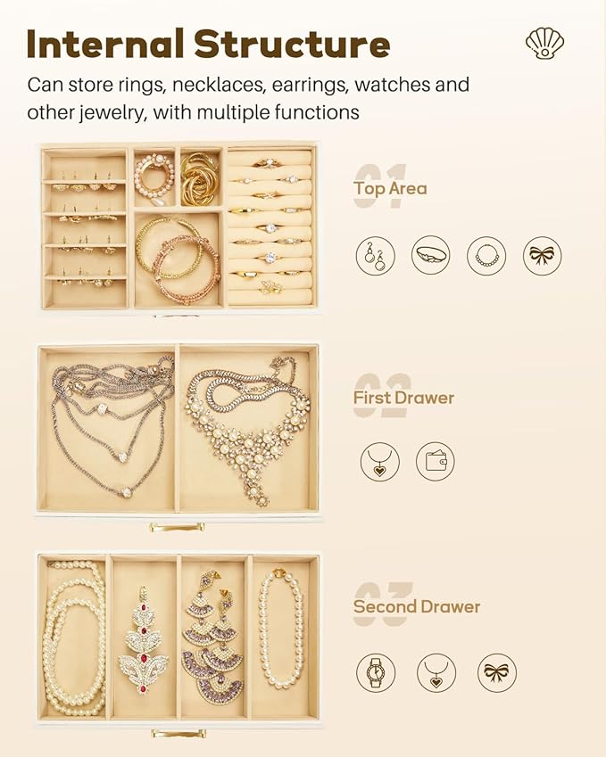 Jewelry Box with 2 Drawers: Display Organizer for Earrings Necklaces - Gift for Girls Women (White)