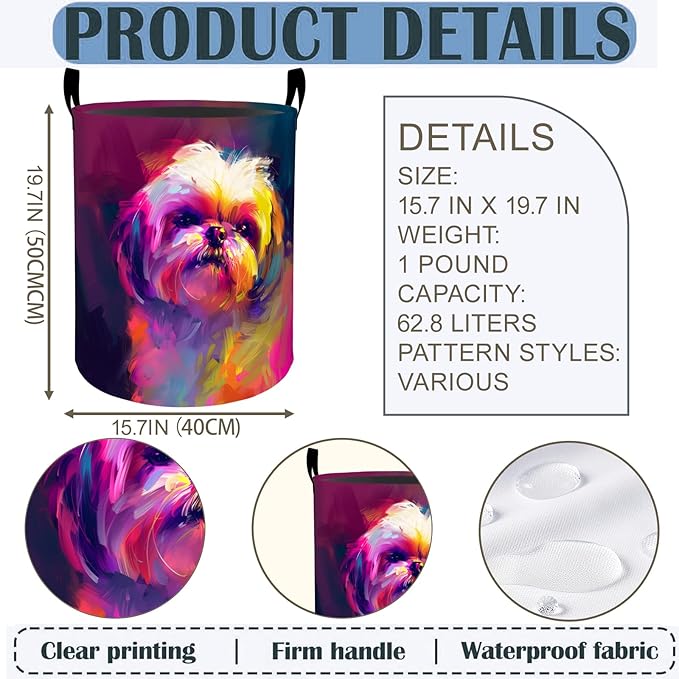 Colorful Shih Tzu Dog Laundry Basket Hamper 19.7"x15.8", Puppy Foldable Waterproof Oxford Clothes Storage Bucket for Room Bathroom Bedroom Nursery Decor, Toy Organizer Bins Gifts for Kids Boys Girls