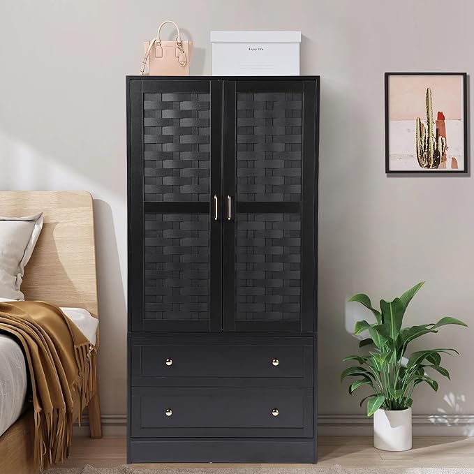 LEVNARY Armoire Wardrobe Closet with 2 Woven Doors, Wardrobe Cabinet with 2 Storage Drawers and Hanging Rail, Freestanding Wooden Closet for Bedroom (Black)