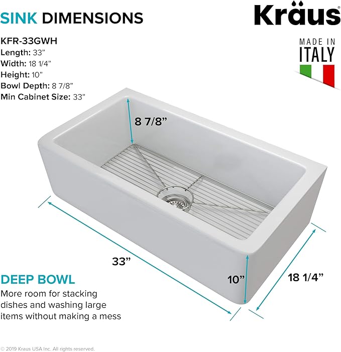 KRAUS KFR1-33GWH Turino Reversible 33-inch Fireclay Farmhouse Flat Apron Front Single Bowl Kitchen Sink with Bottom Grid in Gloss White