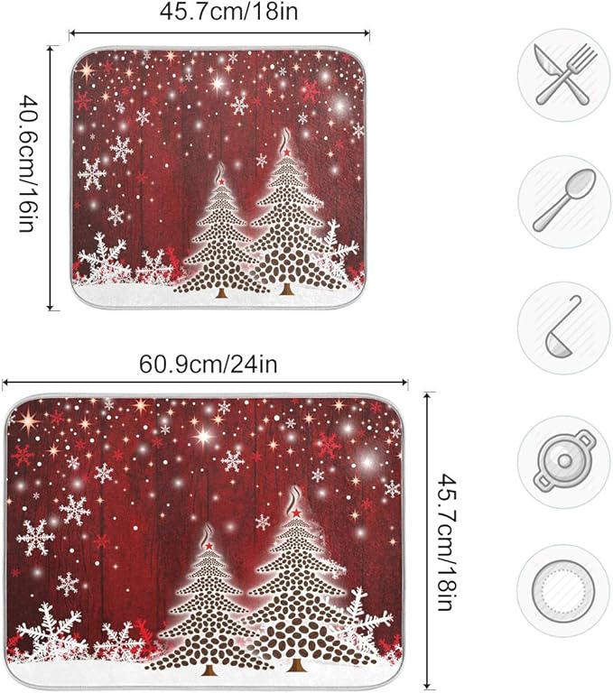 Christmas Tree Dish Drying Mat 18x24 inch Xmas New Year Snowflake Wooden Dish Drainer Kitchen Counter Mats Bottles Dish Dry Pad Protector for Kitchen Countertops