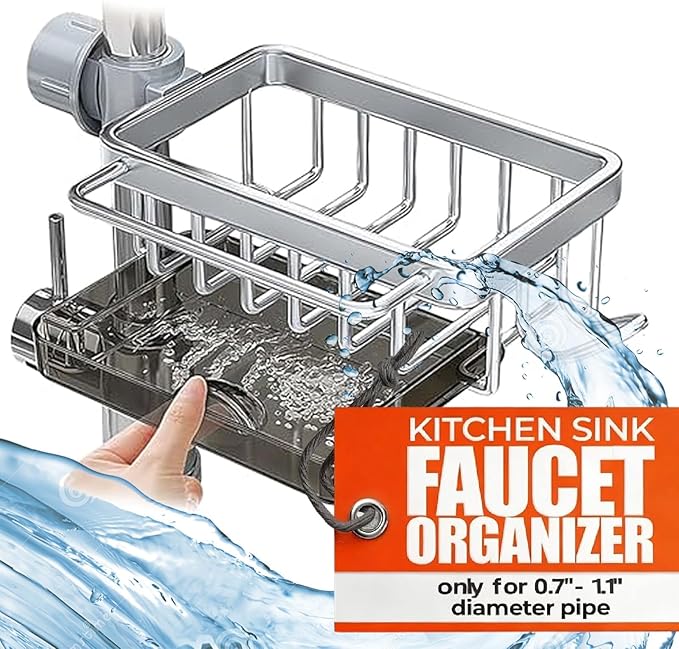 MAIYELI Upgrade Kitchen Sink Faucet Organizer, New Multifunction Organizer Rack for Kitchen Adjustable Dish Sponge Holder Over Faucet Sink for 0.7-1.1" Round Water Pipe (Silver, Right)