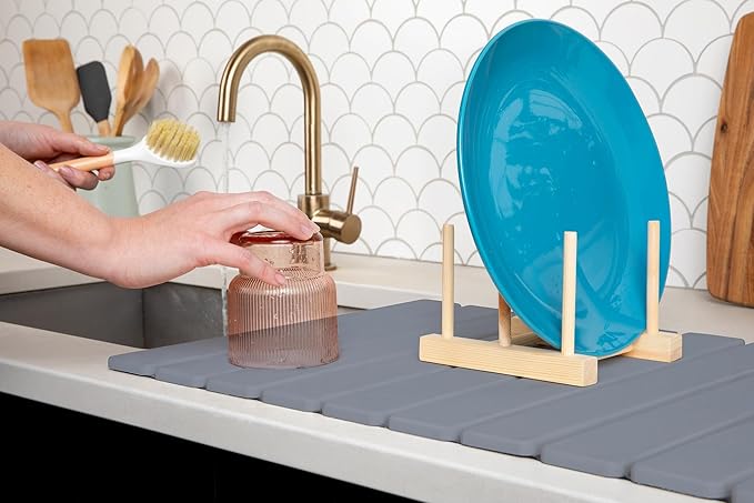 Hycrest HavenMat – Large Stone Dish Drying Mat (24”x16”) with Bamboo Rack & Brush | Quick-Dry Diatomite Counter Mat for Dishes, Glassware, Plants & Pets | Grey Kitchen Drying Stone (Grey)