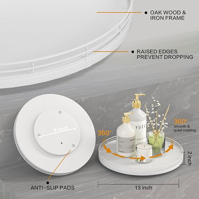 13" Oak Wood Decorative Tray for Home Decor, Tray for Coffee Table Decor Perfume Nightstand Vanity Bathroom Trays for Counter Candle Jewelry Makeup Farmhouse Table Centerpiece for Dining Room White