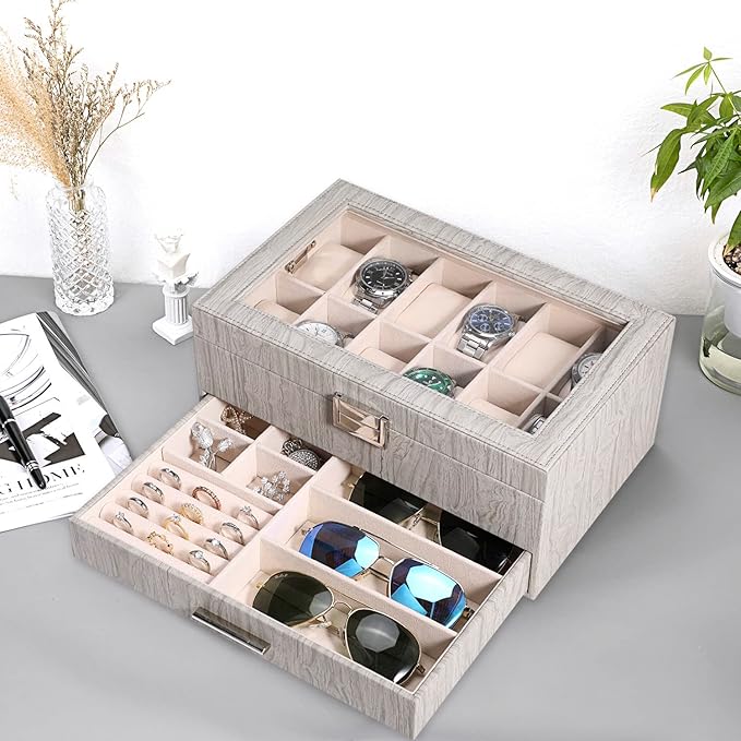 Voova Watch Jewelry Box Organizer for Men Women,12 Slot Leather Watch Storage Case Display Holder with Jewelry Drawer, Removable Watch Pillows, Large Glass Lid for Watches, Sunglasses,Rings,Wood Grey