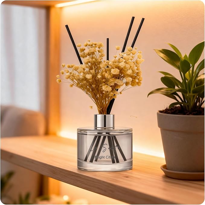Reed Diffuser Set (6.7fl oz), Natural Bright Citrus Essential Oil Fragrance with Glass Bottle, Black Rattan Sticks & Preserved Flowers, Up to 120 Days Lasting Fragrance for Home & Office