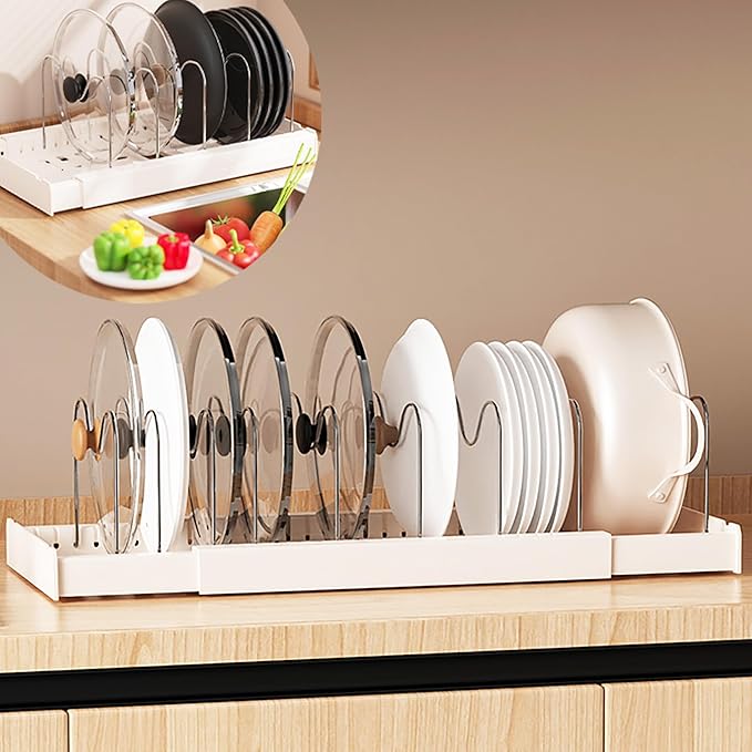LICRUGU Pots and Pans Organizer Under Cabinet 10 Adjustable Dividers Expandable Pot Pan Lid Holder Organizers Rack inside Cabinet for Kitchen Storage Cookware, Cutting Boards, Lid, Dishes,White