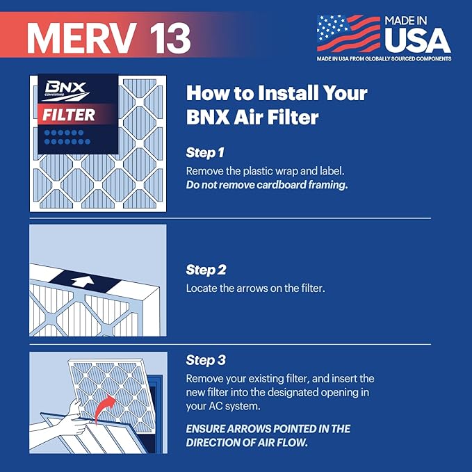BNX TruFilter 16x20x1 MERV 13 (12-Pack) AC Furnace Air Filter - MADE IN USA - Electrostatic Pleated Air Conditioner HVAC AC Furnace Filters - Removes Pollen, Mold, Bacteria, Smoke