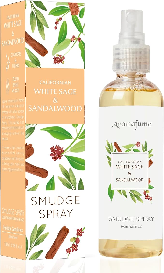 White Sage & Sandalwood Smudge Spray by Aromafume | 100ml/3.3 oz | Sage Spray for Cleansing Negative Energy & Protection | Non-Toxic | Room Spray for Spiritual Cleansing, Smokeless Sage Smudging