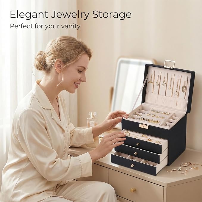 Leather Jewelry Box with Lock for Women, 4-Tier 3-Drawer Jewelry Organizer, Large Capacity Vanity Storage Case for Earrings Rings Necklaces, Gift for Her (Black)