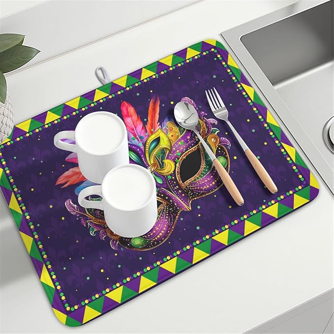 Wnoesat Mardi Gras Dish Drying Mat for Kitchen Counter Masquerade Mask Feather Drying Mats Absorbent Reversible Microfiber Washable Draining Pad Washable Dry Mat 18x24 Inch